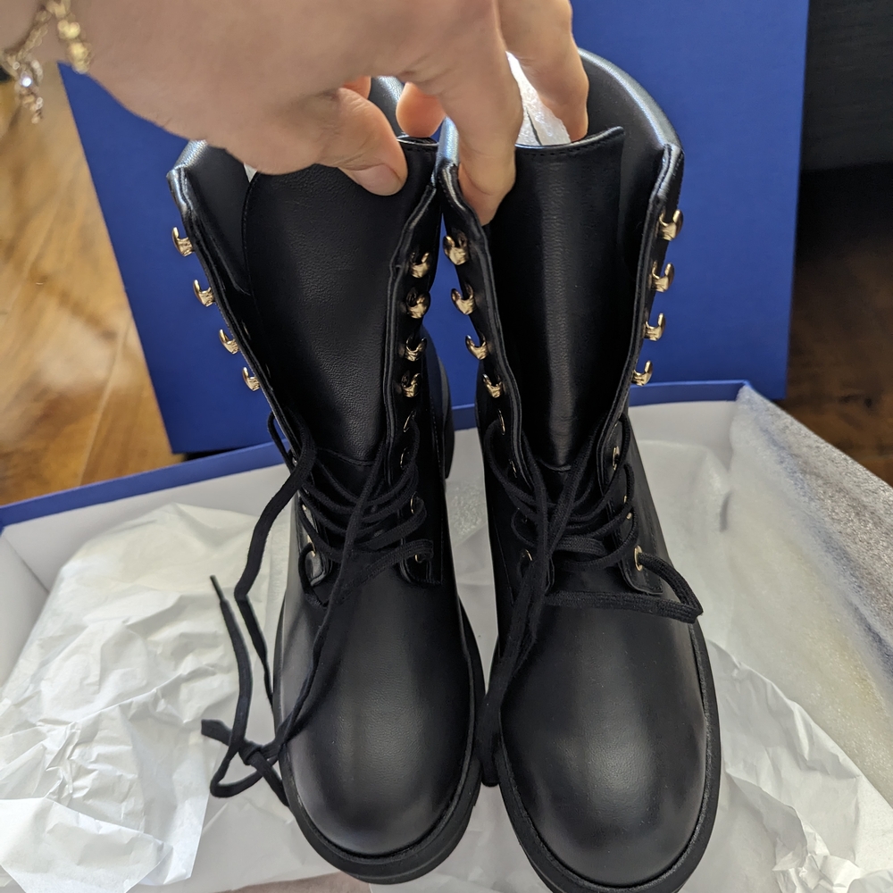 Stuart Weitzman Black Combat Boots with Gold Eyelets